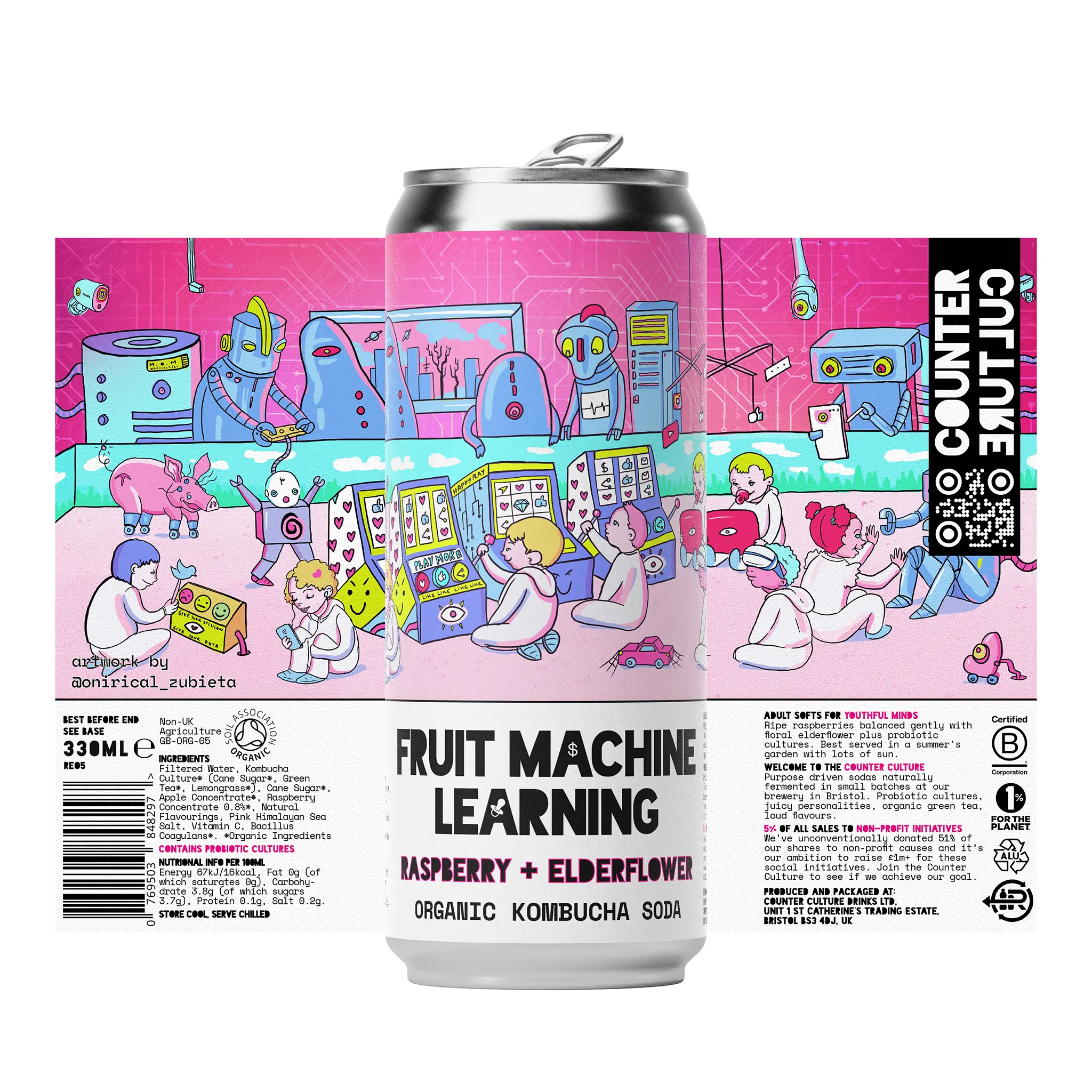 12 x Raspberry + Elderflower Organic Kombucha Soda 330ml