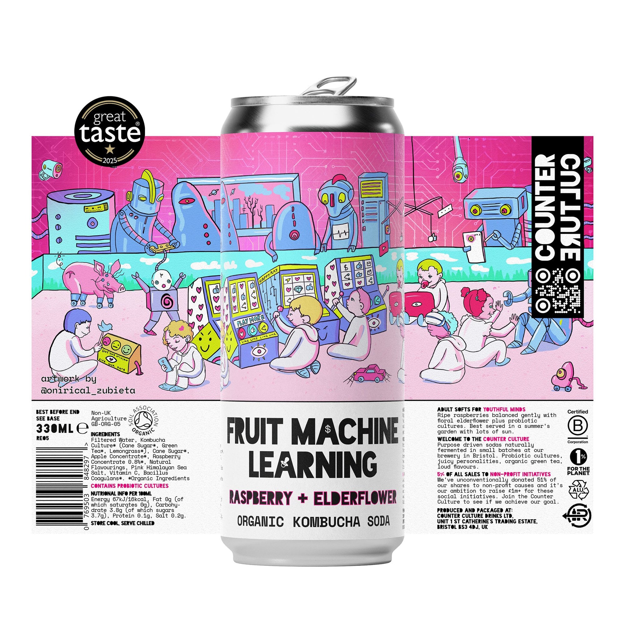 12 x Raspberry + Elderflower Organic Kombucha Soda 330ml