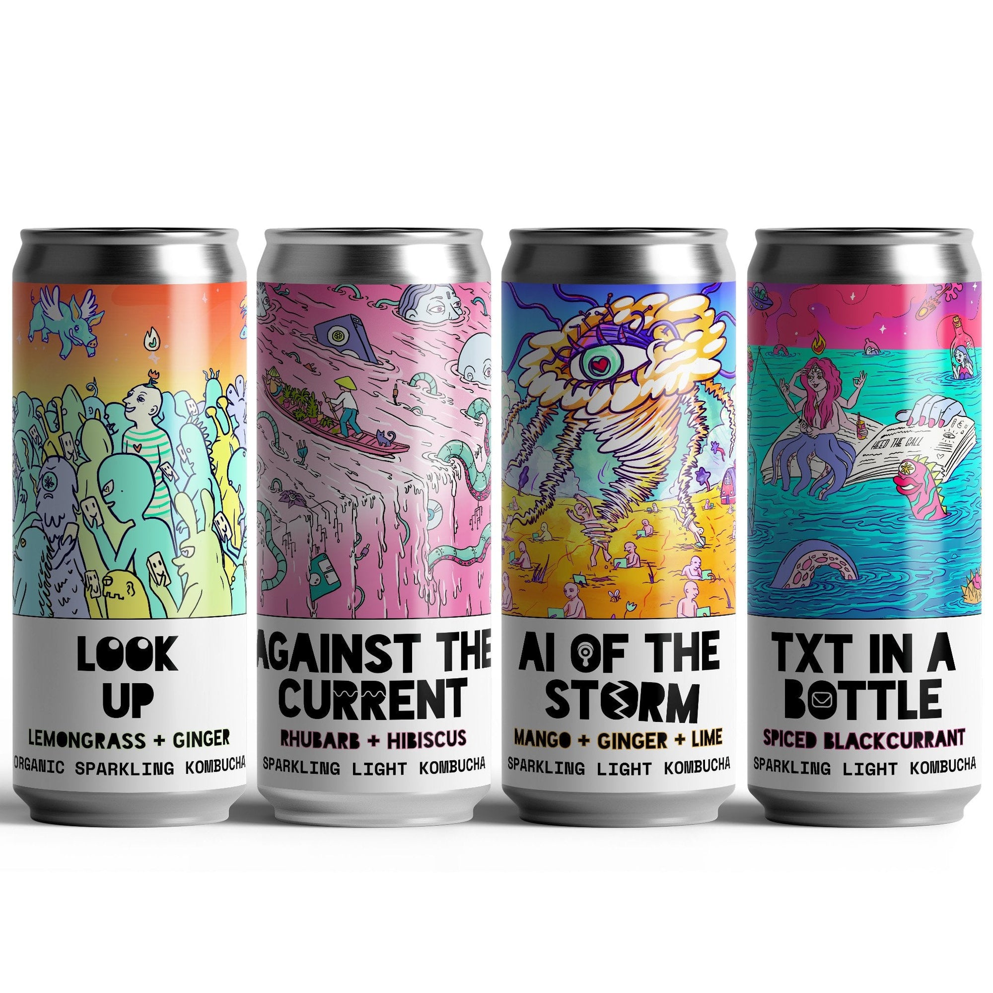 Four cans of sparkling light kombucha drinks by Counter Culture Drinks