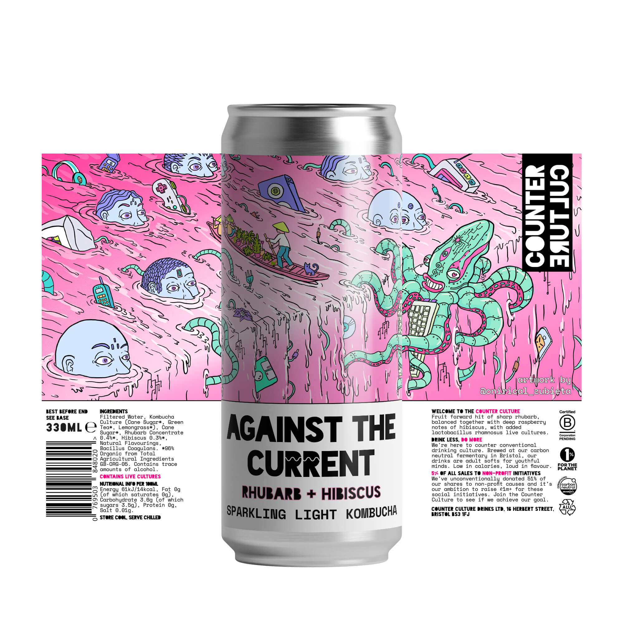 Counter Culture Drinks - Against The Current // Rhubarb + Hibiscus Kombucha can in front of label