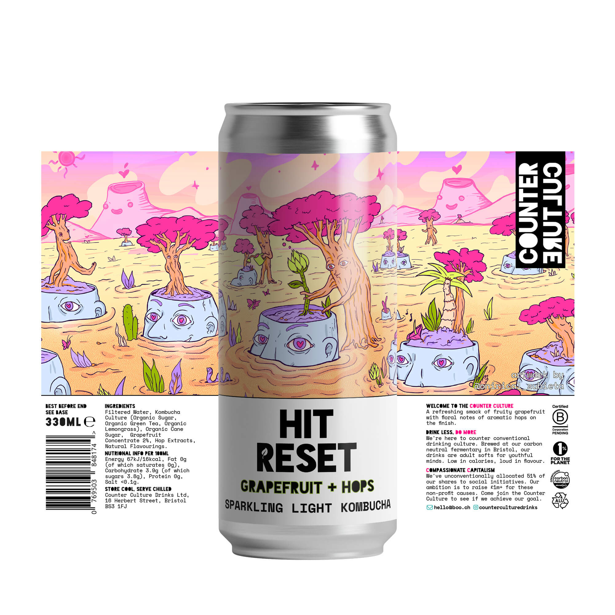 Counter Culture Drinks - Hit Reset // Grapefruit + Hops Kombucha can in front of label