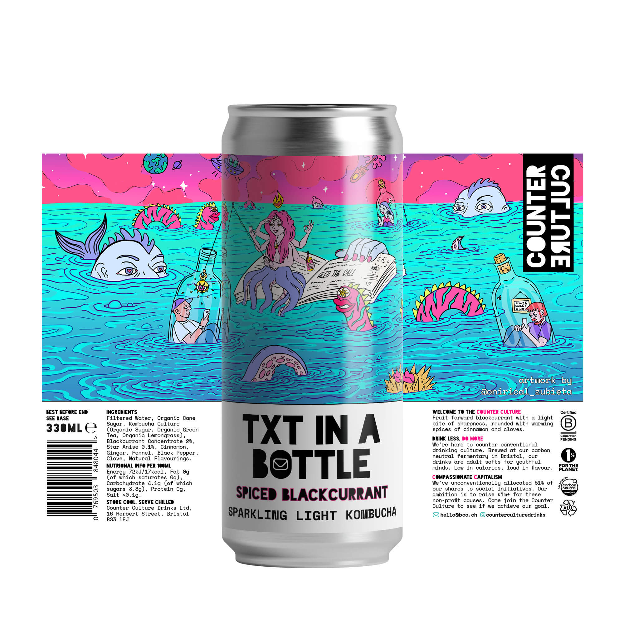 Counter Culture Drinks - TXT in a Bottle // Spiced Blackcurrant Kombucha can in front of label